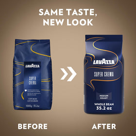 Lavazza Super Crema coffee beans close-up showing uniform roast