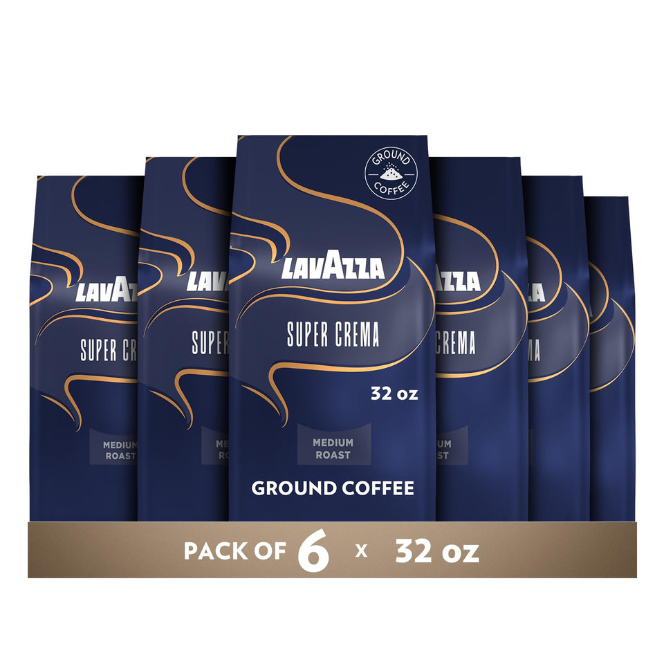 Lavazza Super Crema ground coffee in an espresso cup highlighting crema