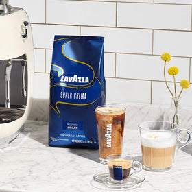 Home espresso setup featuring Lavazza Super Crema beans