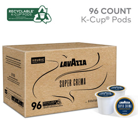 Lavazza Super Crema packaging label detailing 96-count box for busy mornings
