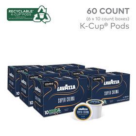 Packaging for Lavazza Super Crema K-Cup pods highlighting Keurig compatibility for quick espresso