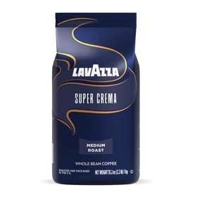 Lavazza Super Crema whole bean coffee pack ready for grinding and brewing.