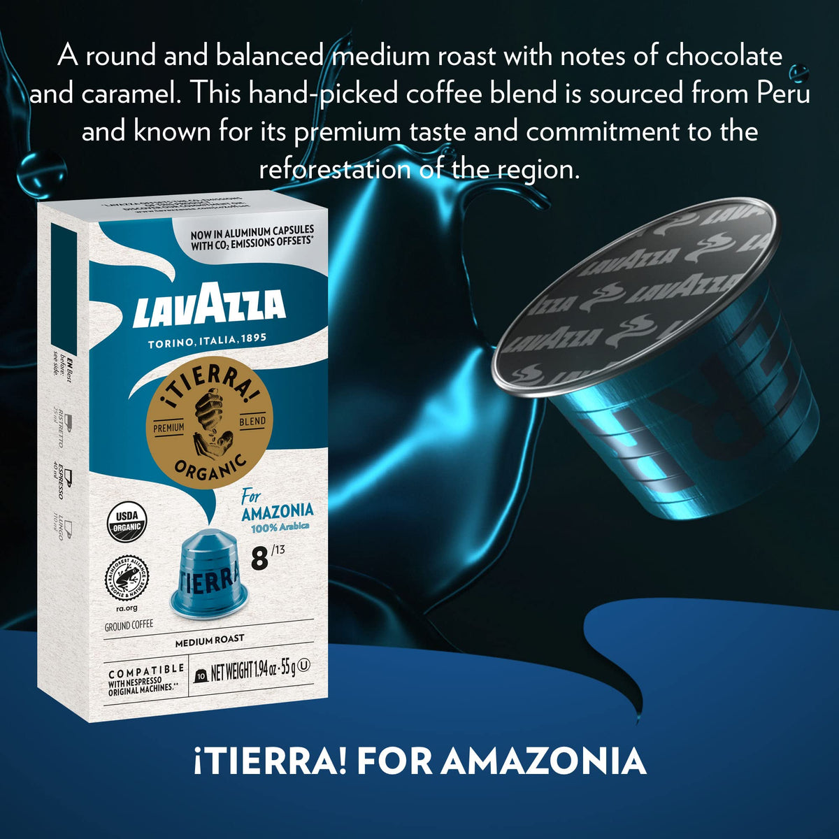 Lavazza Tierra Amazonia espresso pour in cup showing crema