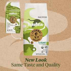Lavazza Tierra Organic Arabica blend label shows organic certifications