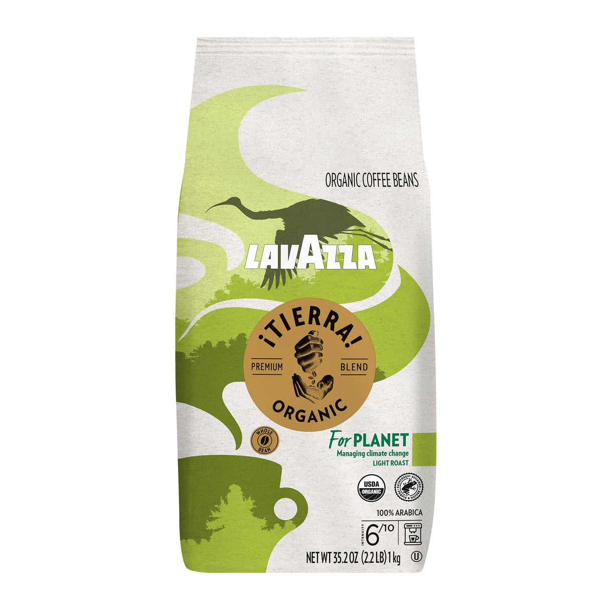 Lavazza Tierra Organic whole-bean bag ready for fresh grinding at home