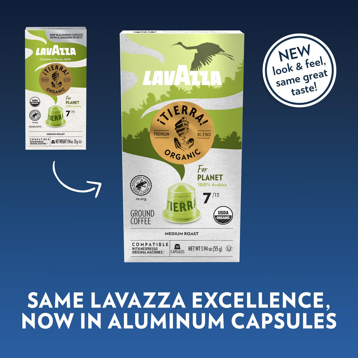 Lavazza Tierra! Planet capsules close-up shows aluminum design for premium espresso.