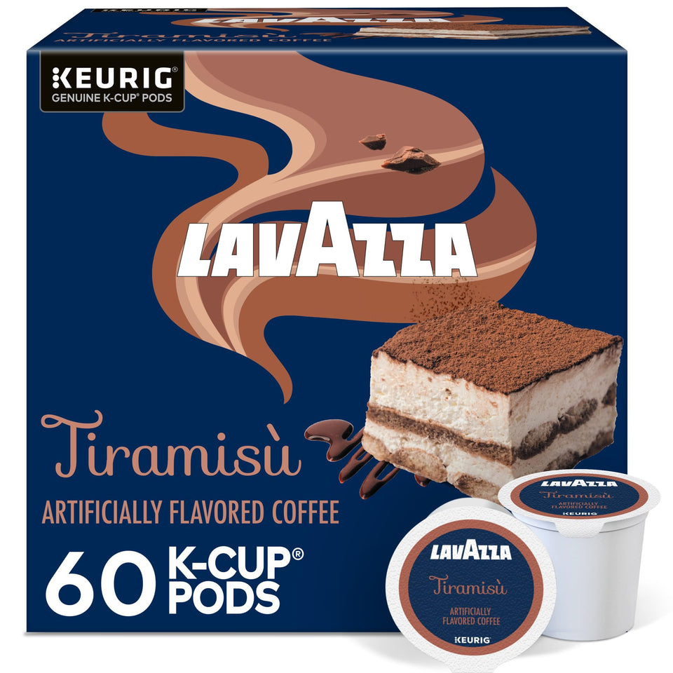 Lavazza Tiramisù K-Cup box with premium Arabica beans ready for Keurig