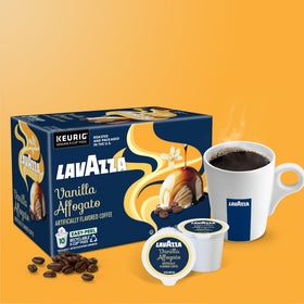 Lavazza Vanilla Affogato single-serve setup on a desk keeps caffeine within reach