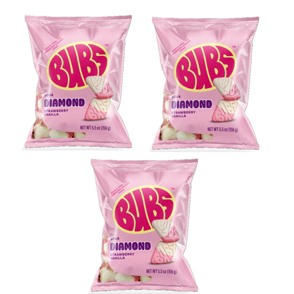 LavenAlt BUBS sour-strawberry-vanilla-diamond-foam candy 3-pack, vegan and allergen-free, ideal for sharing.
