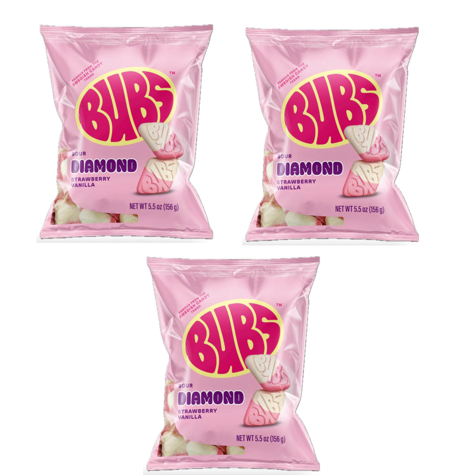 LavenAlt BUBS sour-strawberry-vanilla-diamond-foam candy 3-pack, vegan and allergen-free, ideal for sharing.