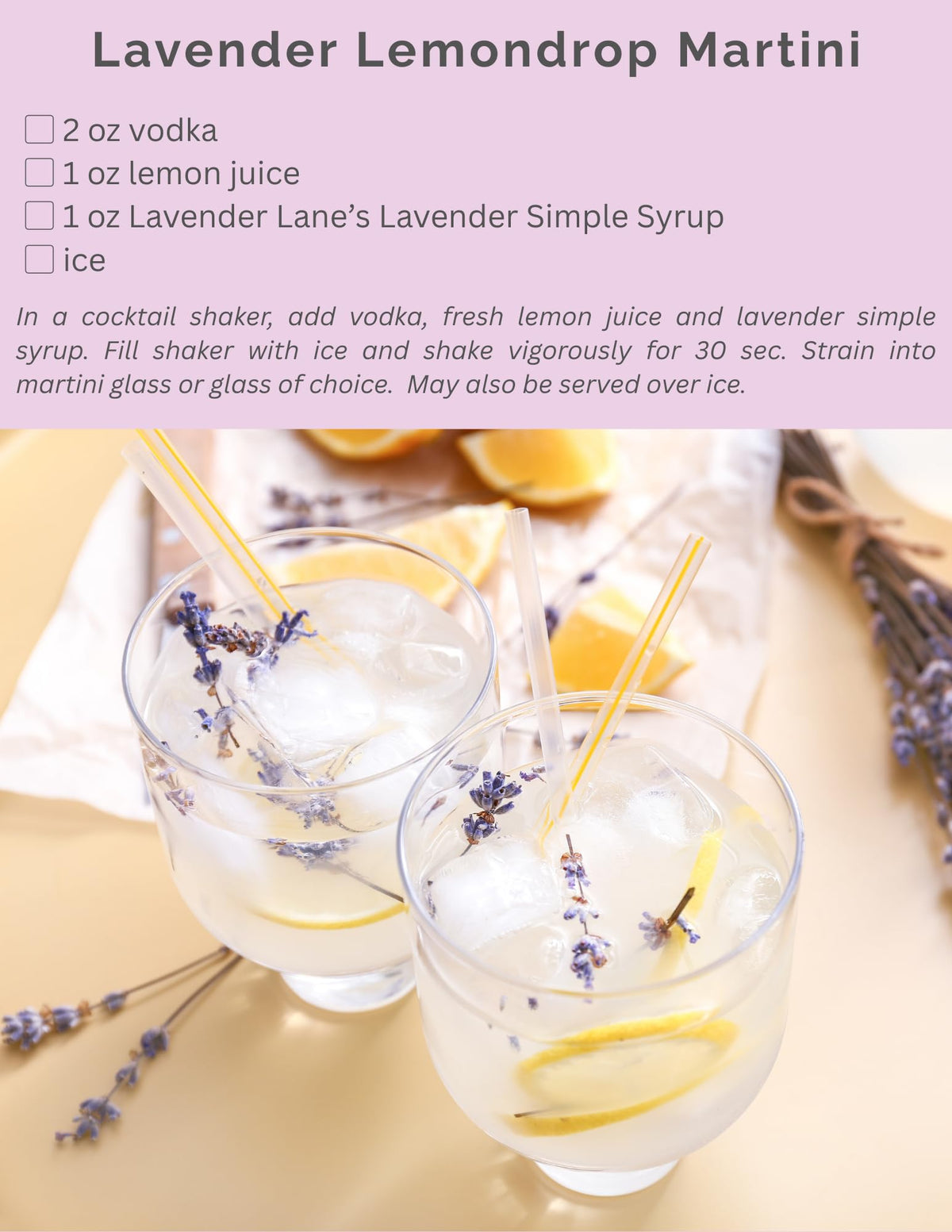 Lavender Lane cocktail glass highlighting subtle lavender sweetness.