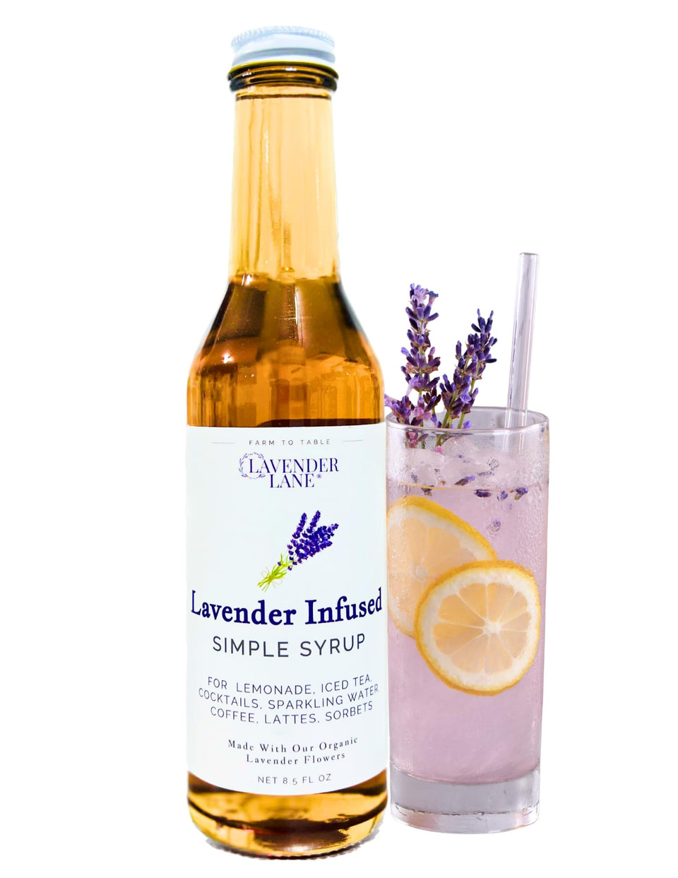 Lavender Lane Lavender Syrup bottle on a rustic counter for flavorful beverages.
