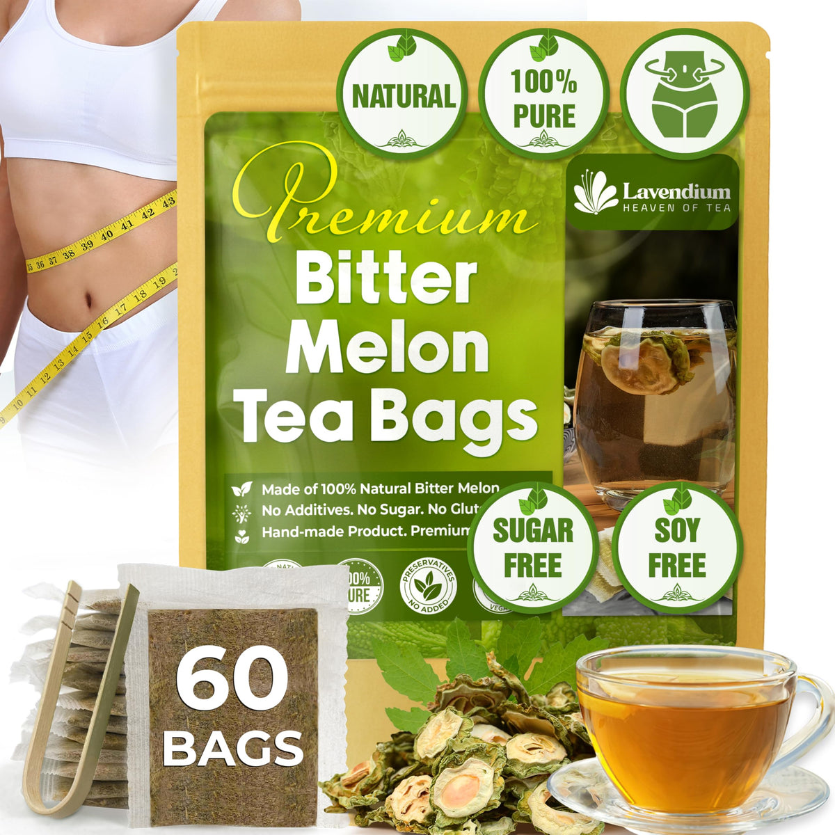 Lavendium bitter melon tea bags close-up shows natural ingredients and handmade texture.