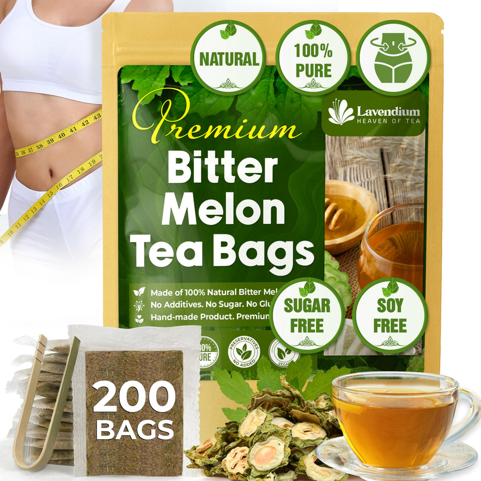 Lavendium bitter melon tea bags close-up showing natural, pure packaging for a fresh brew.