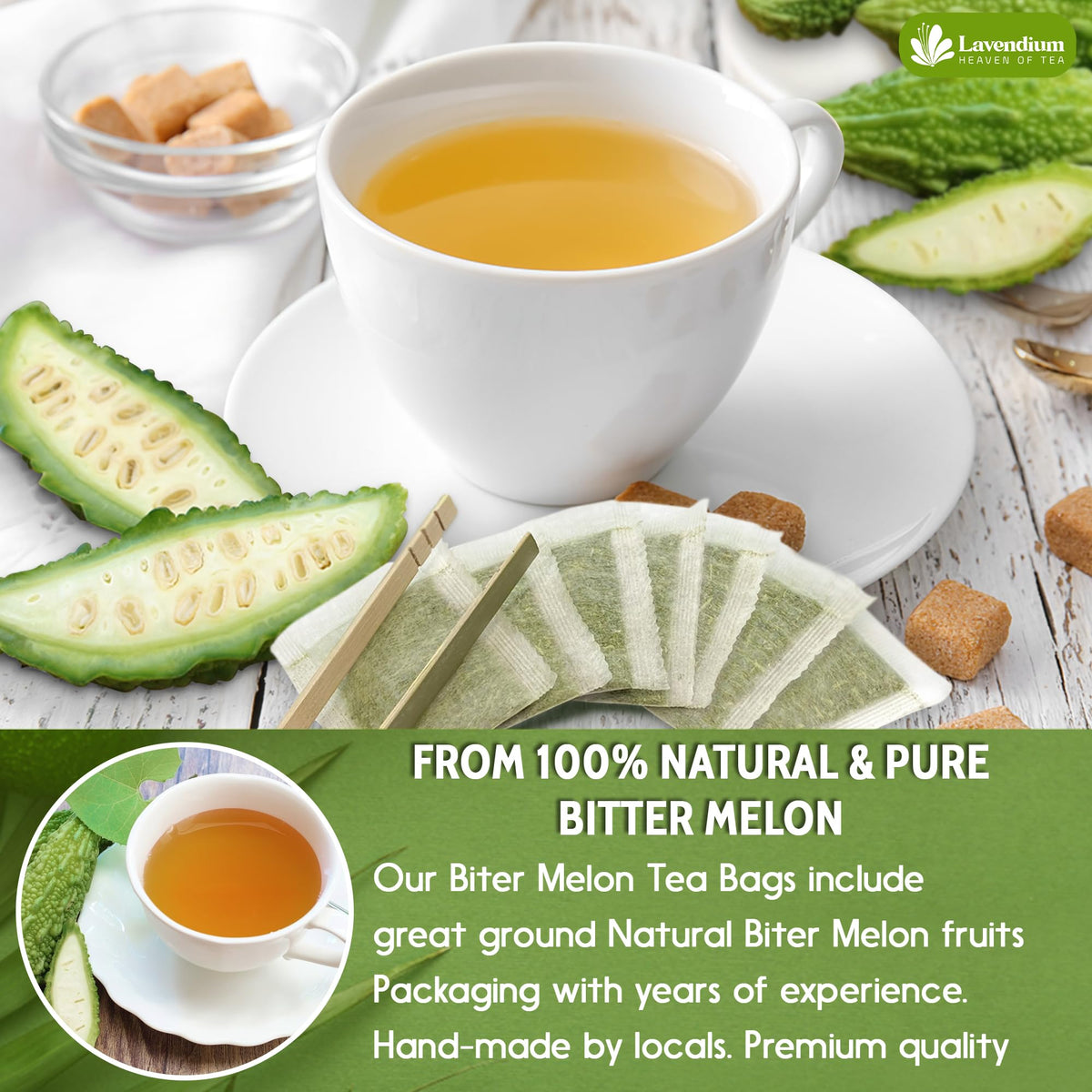 Lavendium bitter melon brew in cup illustrating caffeine-free herbal moment.