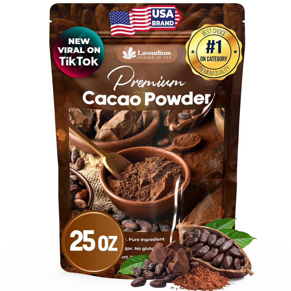 Lavendium cacao powder bag close-up shows pure unsweetened cacao for rich baking results.