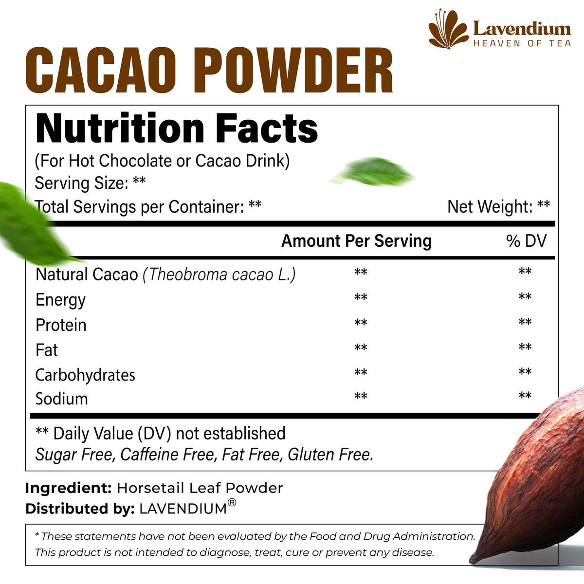 Lavendium cacao powder pouring into mug highlights caffeine-free versatility.