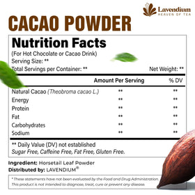 Lavendium cacao powder pouring into mug highlights caffeine-free versatility.