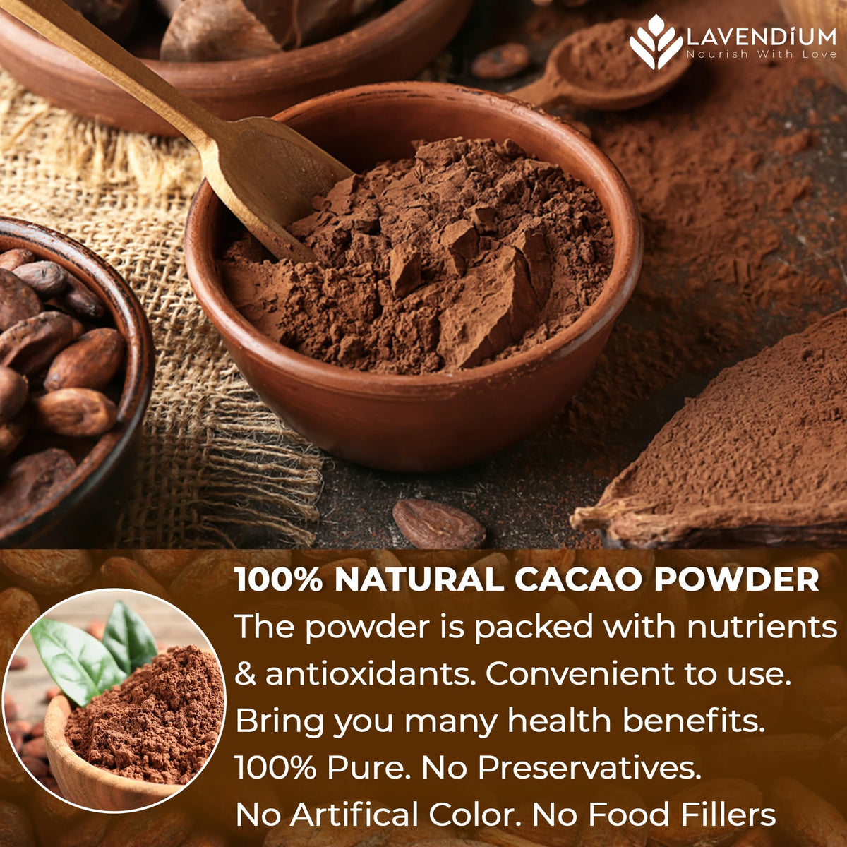 Lavendium cacao powder scoop over bowl shows deep color for baking.