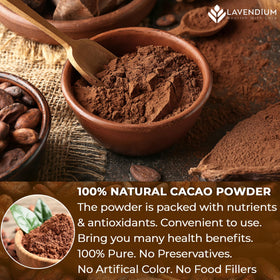Lavendium cacao powder scoop over bowl shows deep color for baking.