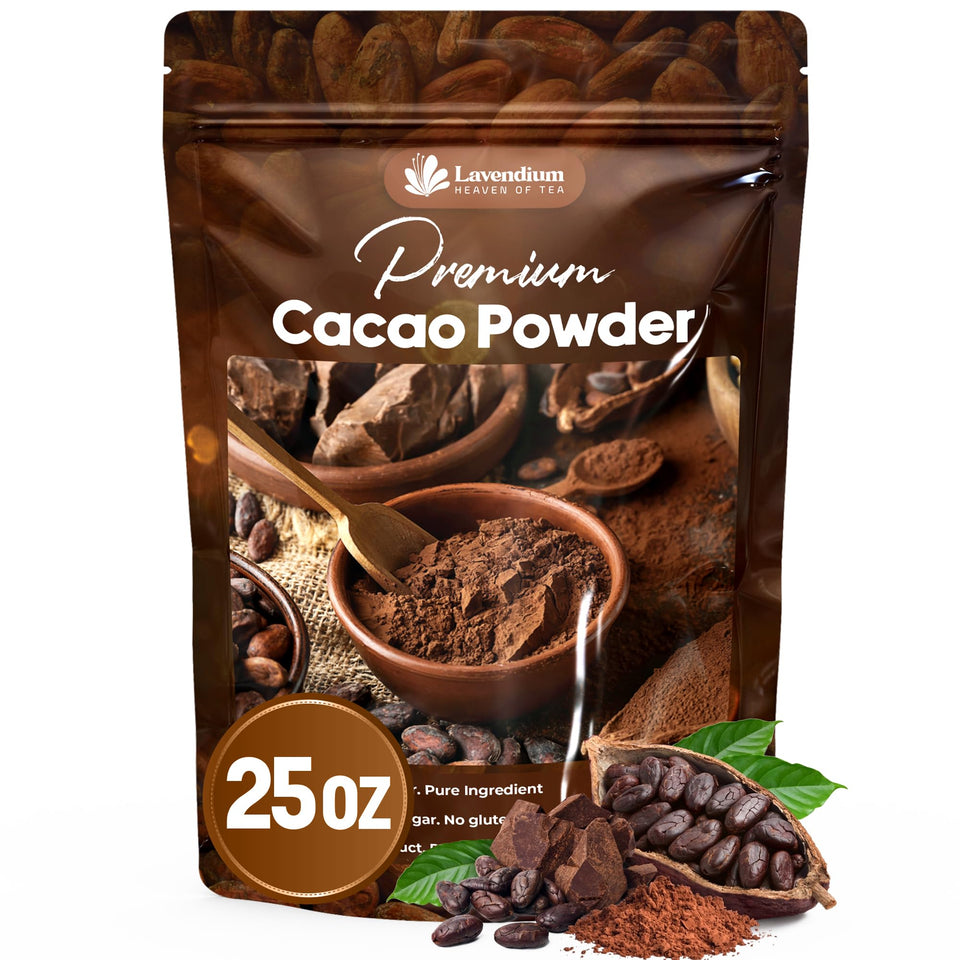 Lavendium cacao powder jar shows pure cacao for baking and desserts.