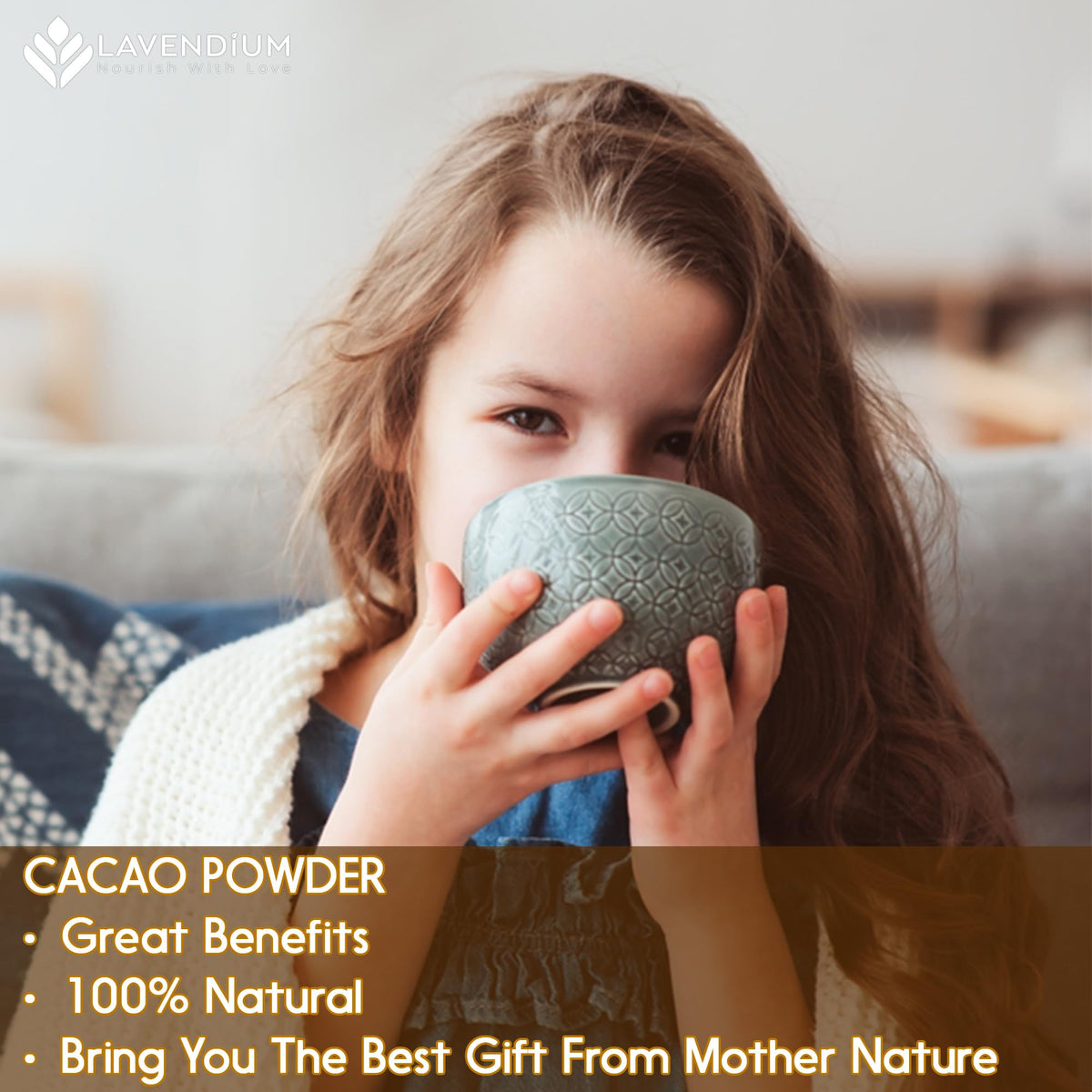 Lavendium cacao powder scoop over pantry signals convenient storage.