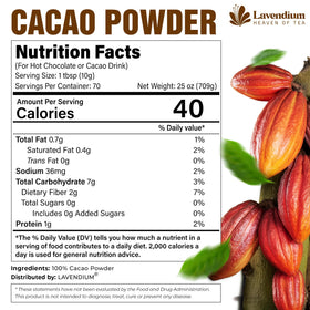 Lavendium cacao powder with 100% natural origin evokes farm-to-table quality.