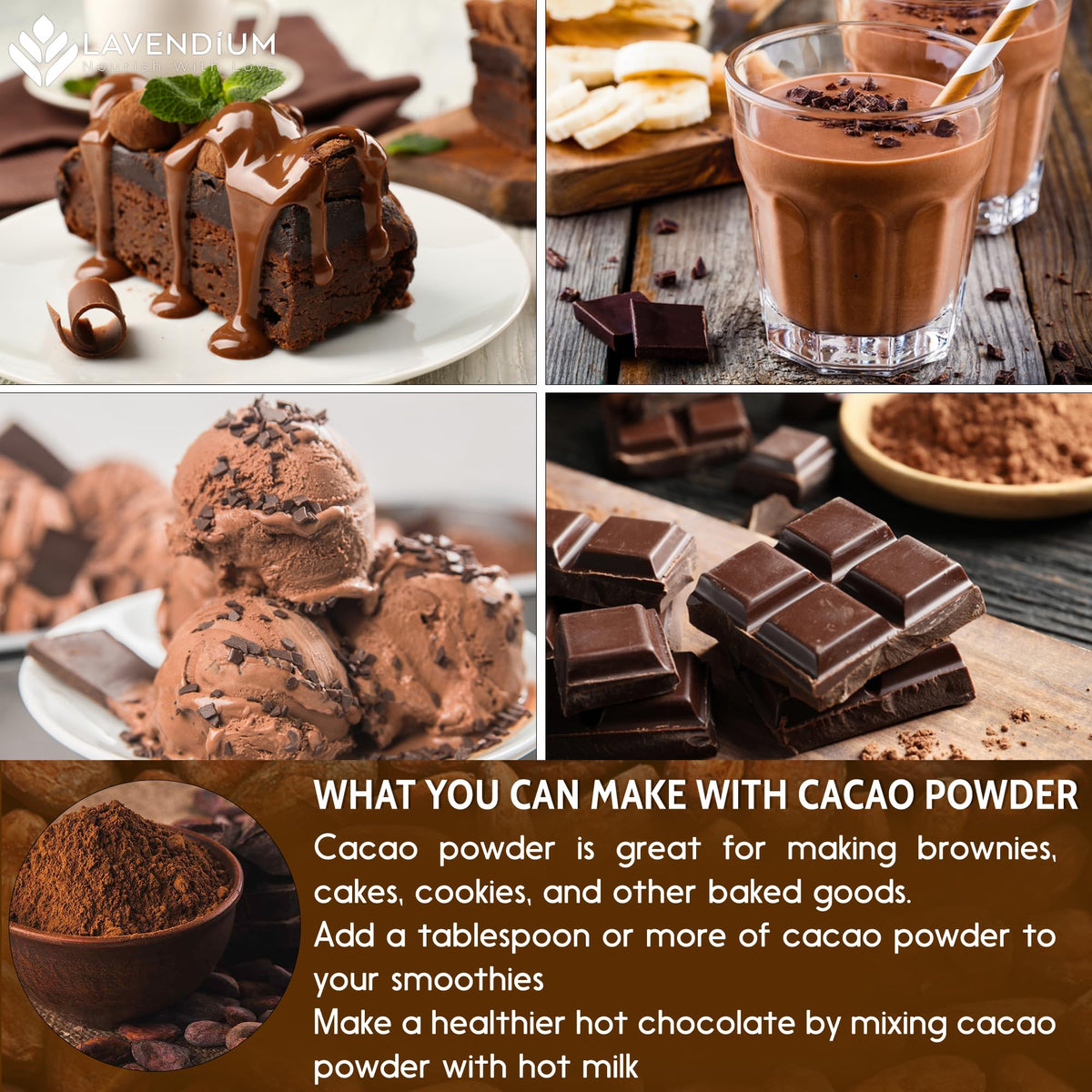 Lavendium cacao powder label detail communicates gluten-free and vegan credentials.