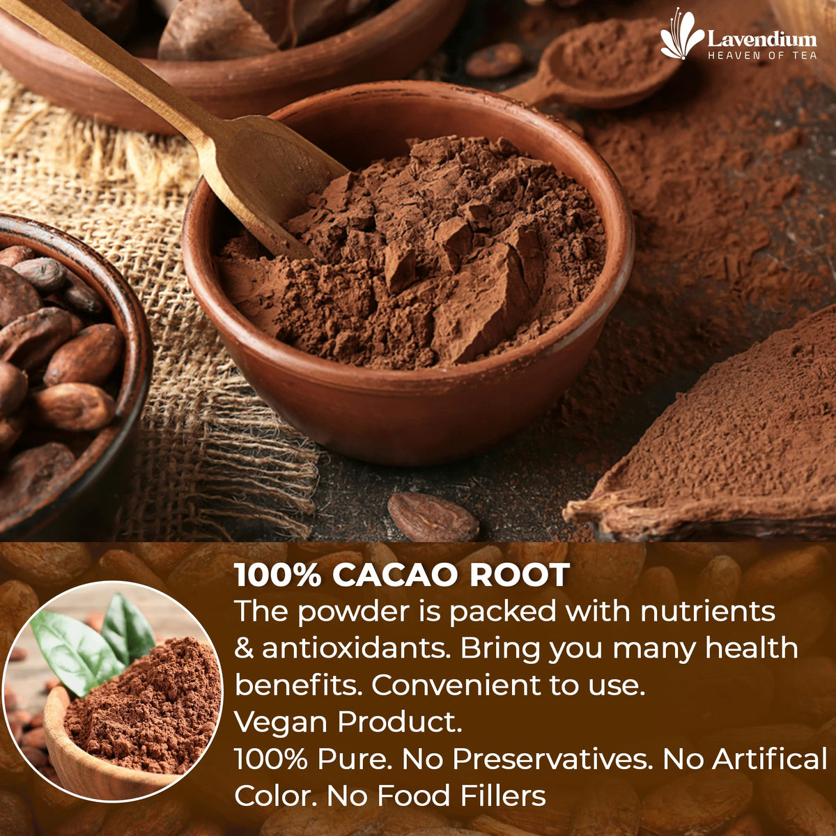 Lavendium cacao powder scoop over bowl highlights convenient, versatile use for smoothies.