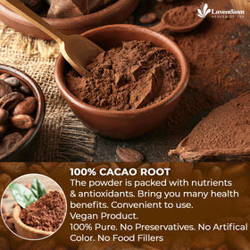 Lavendium cacao powder scoop over bowl highlights convenient, versatile use for smoothies.