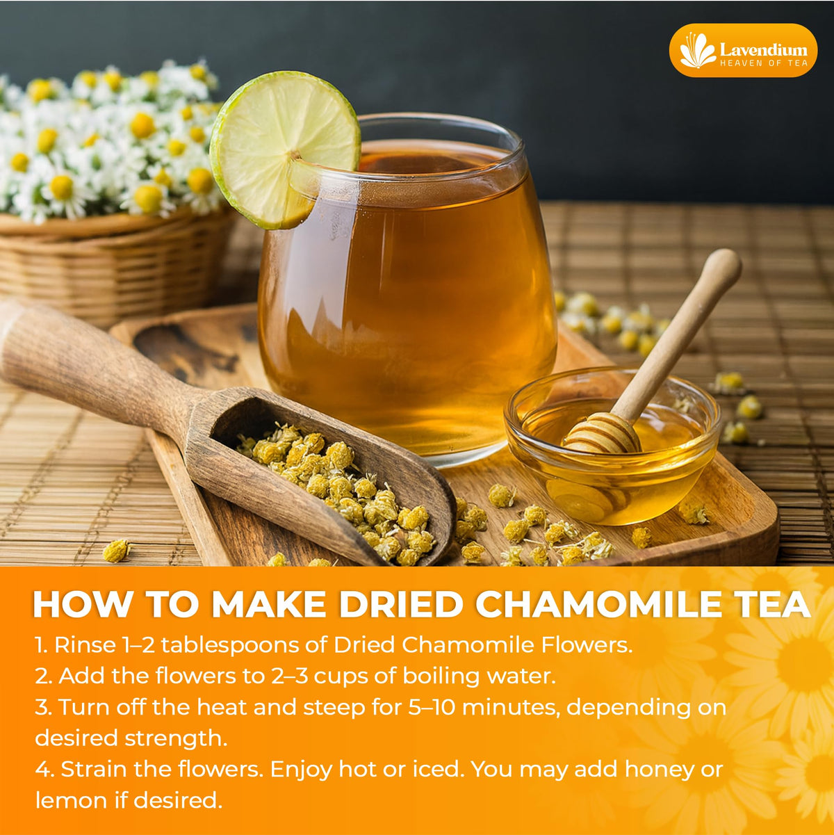 Lavendium hand-processed chamomile flowers, free from additives and preservatives.