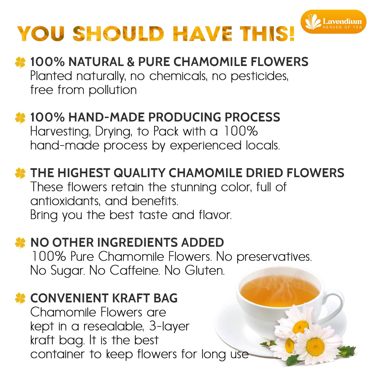 Lavendium chamomile flowers packaging jar preserving freshness.