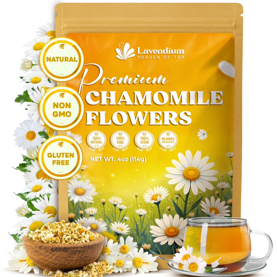 Lavendium chamomile flowers, whole blooms, ready for tea, pure and natural.
