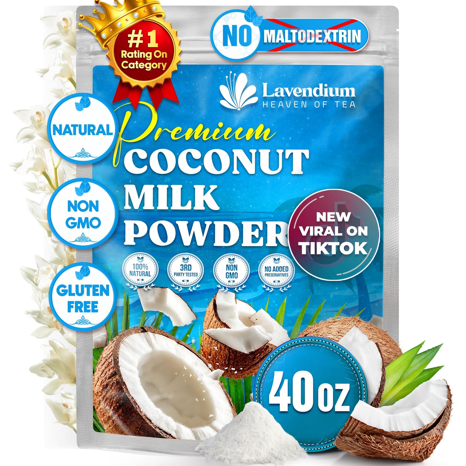 Lavendium coconut milk powder in a 40oz pouch for easy pantry storage and versatile cooking.