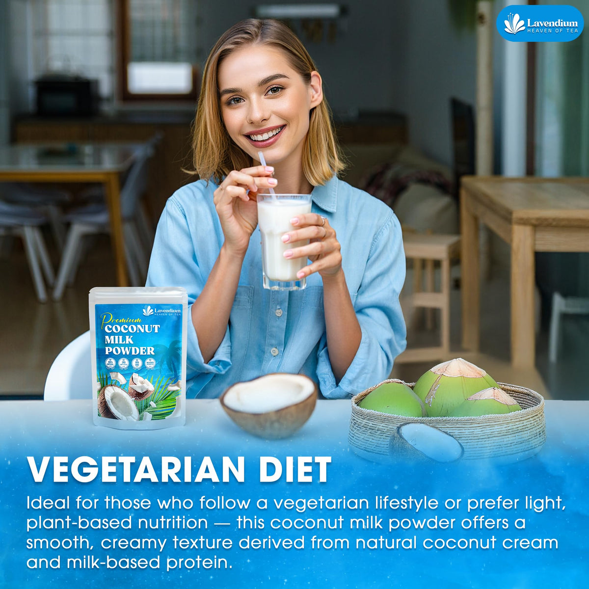 Lavendium coconut milk powder coffee creamer showcases dairy-free option.