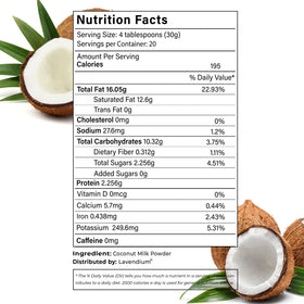 Lavendium coconut milk powder in cup shows creamy texture in beverages.