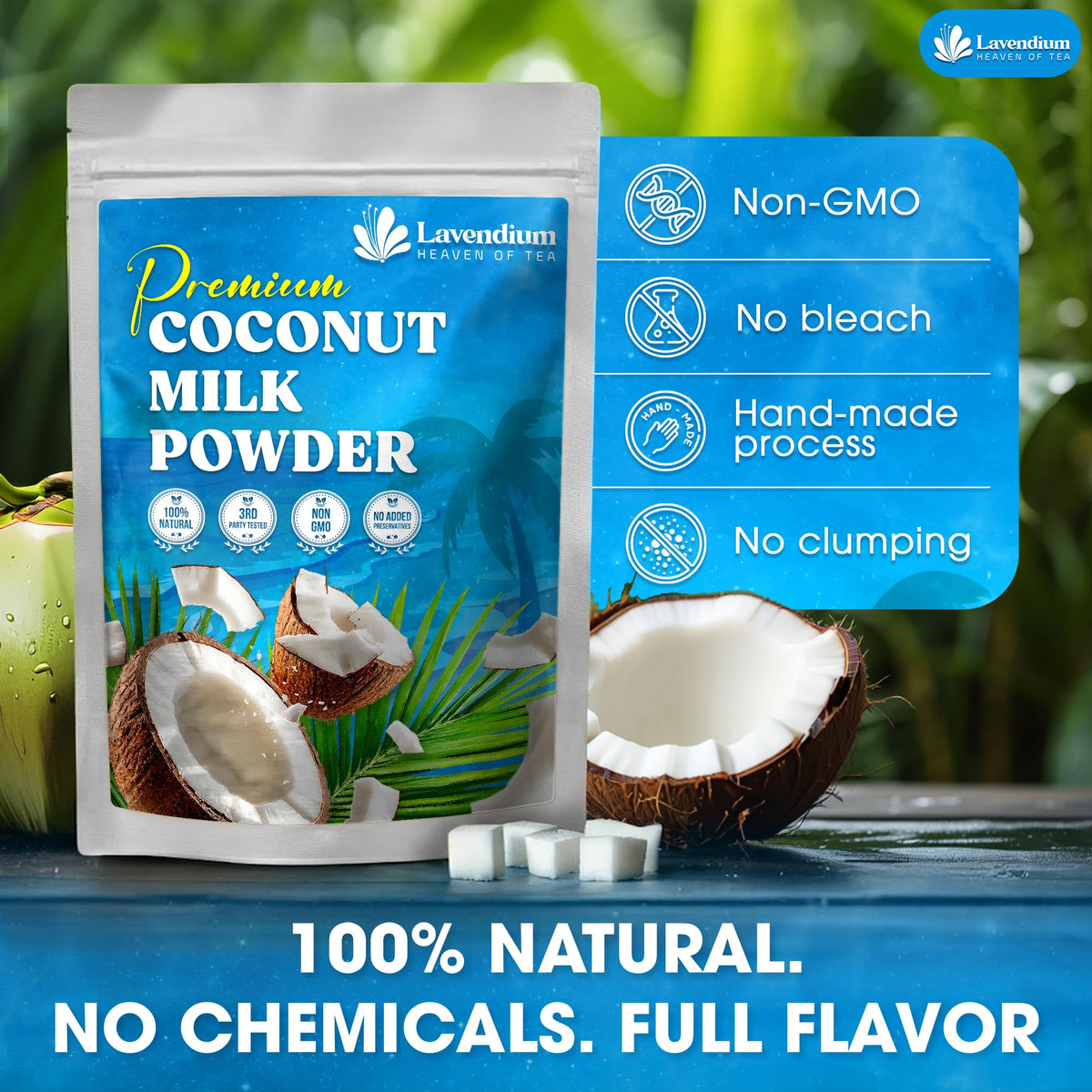 Pouring Lavendium coconut milk powder into a drink for smooth mix.
