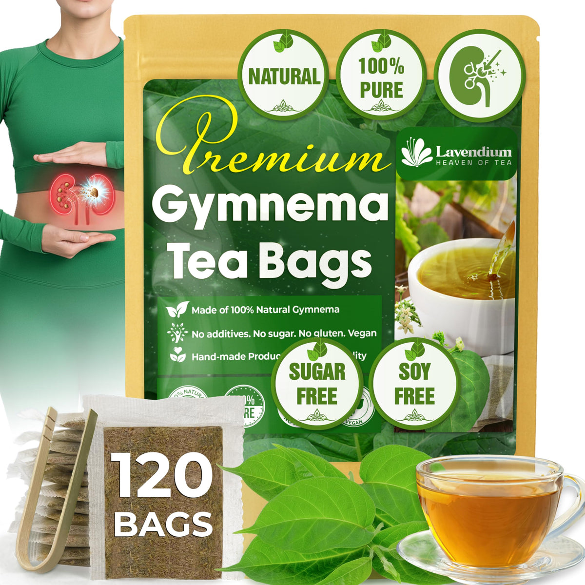 Lavendium Gymnema tea bags packaging on shelf highlights natural ingredients for everyday tea.