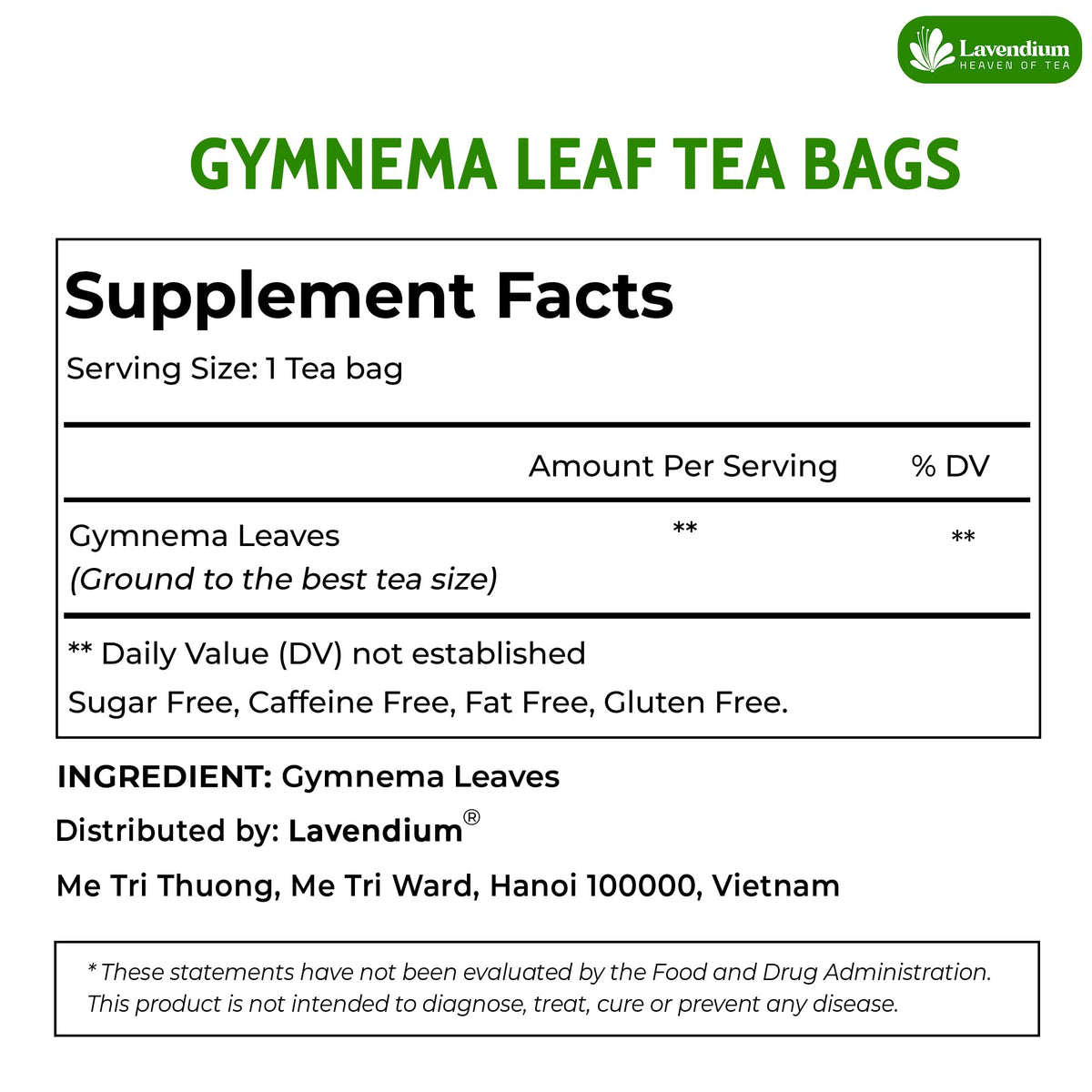 Lavendium natural herbal tea bags label communicates clear ingredients for daily use.
