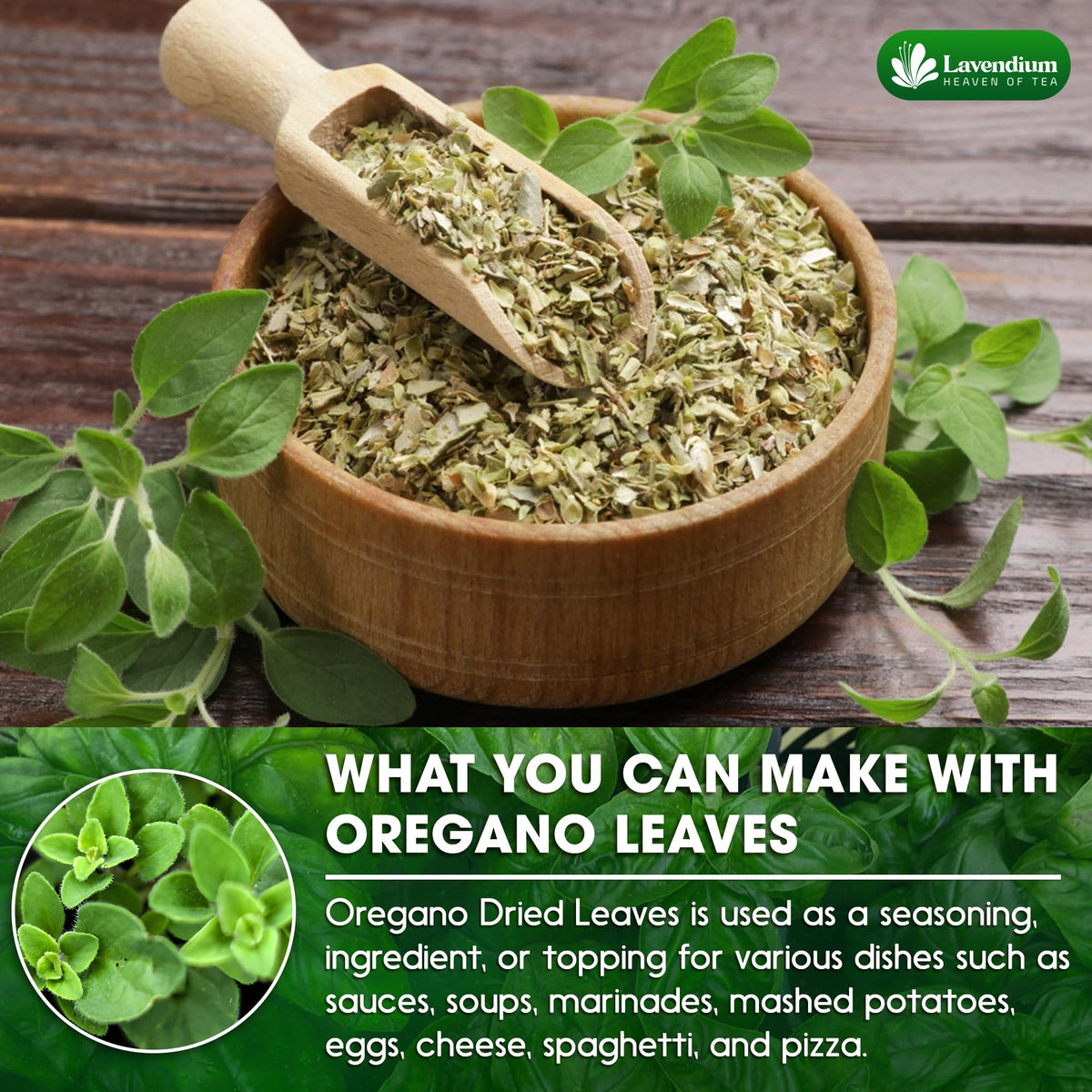 Lavendium oregano leaves closeup showing vibrant color and flavor.