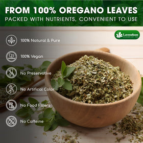 Lavendium oregano leaves on spoon showing versatile seasoning use.