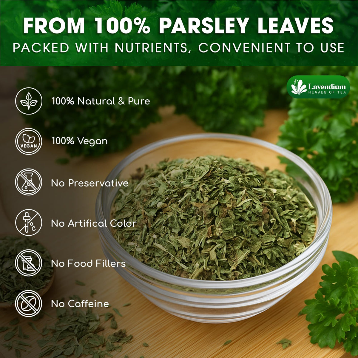 Lavendium parsley bag open with spoon highlighting convenient seasoning.