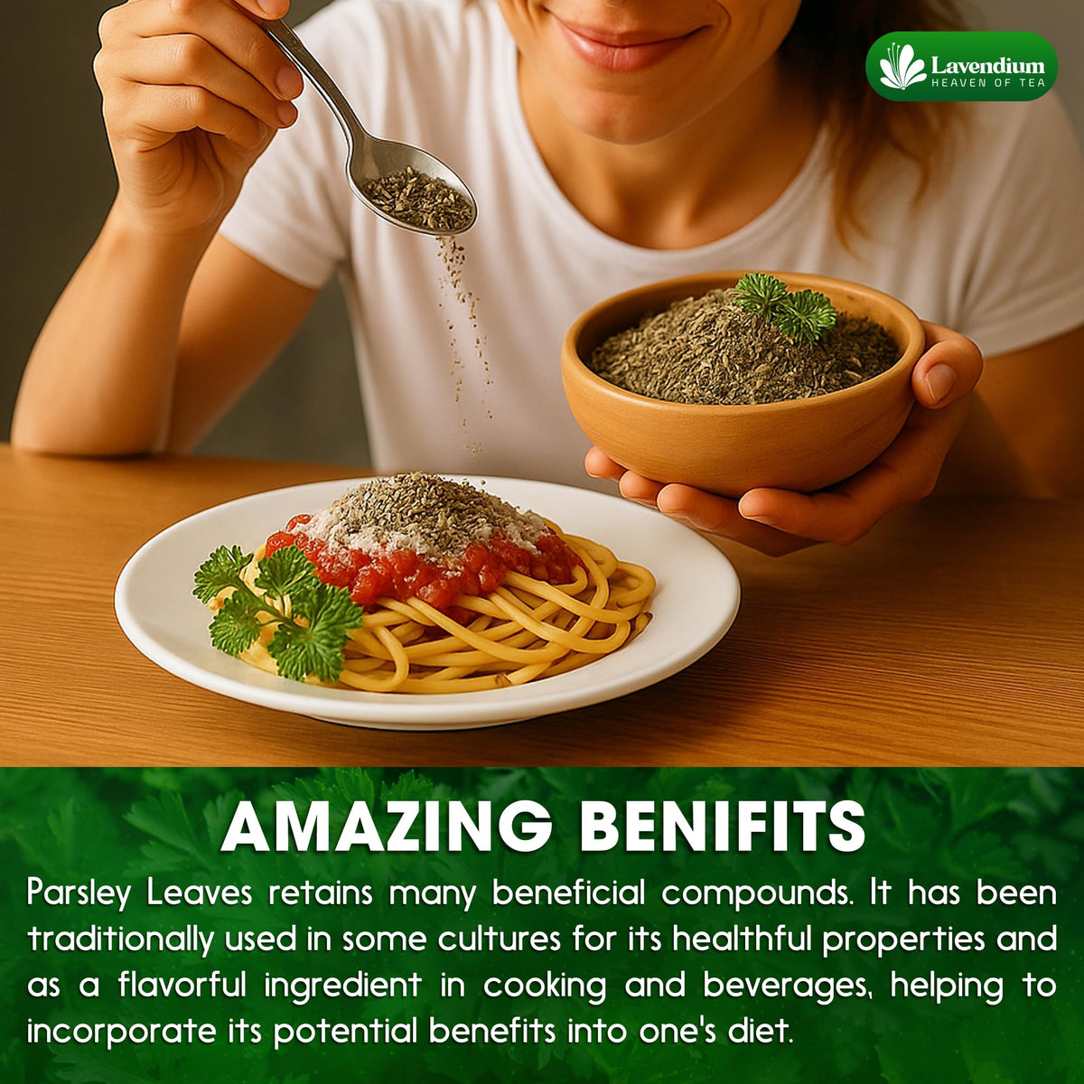Lavendium parsley kitchen scene emphasizing everyday cooking versatility.