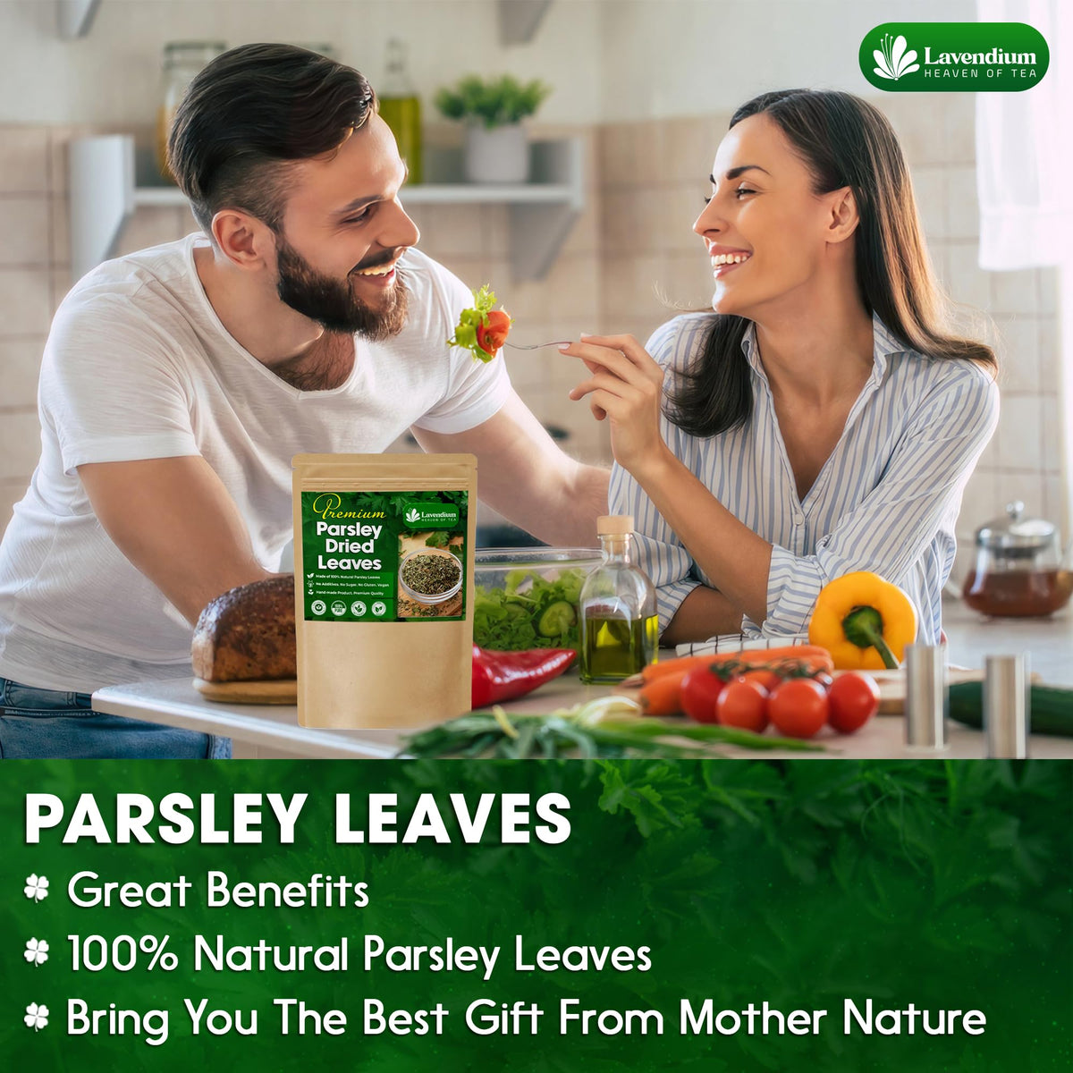 Lavendium parsley packaging label showcasing quality and purity.