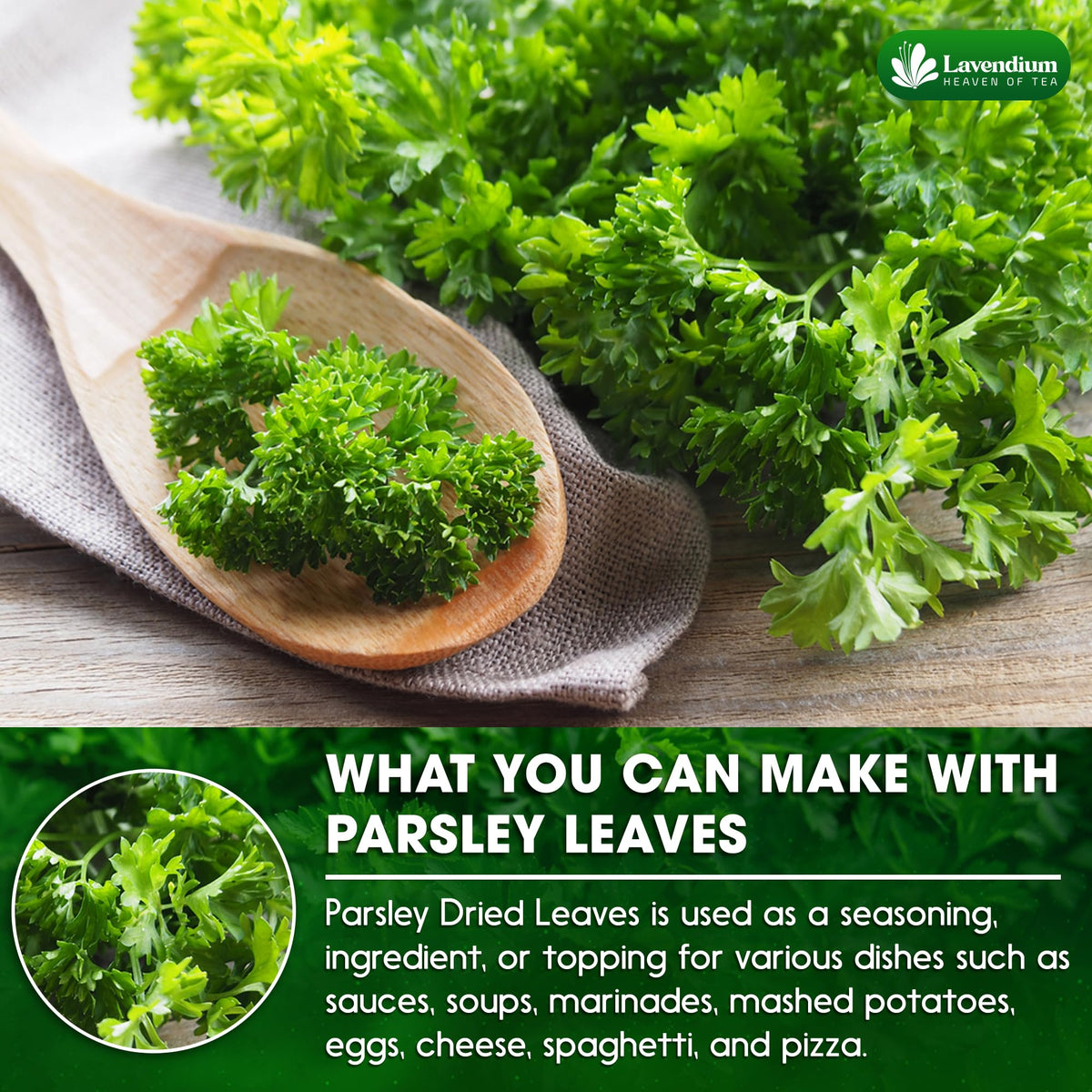 Lavendium parsley with pasta dish ready for seasoning and aroma.