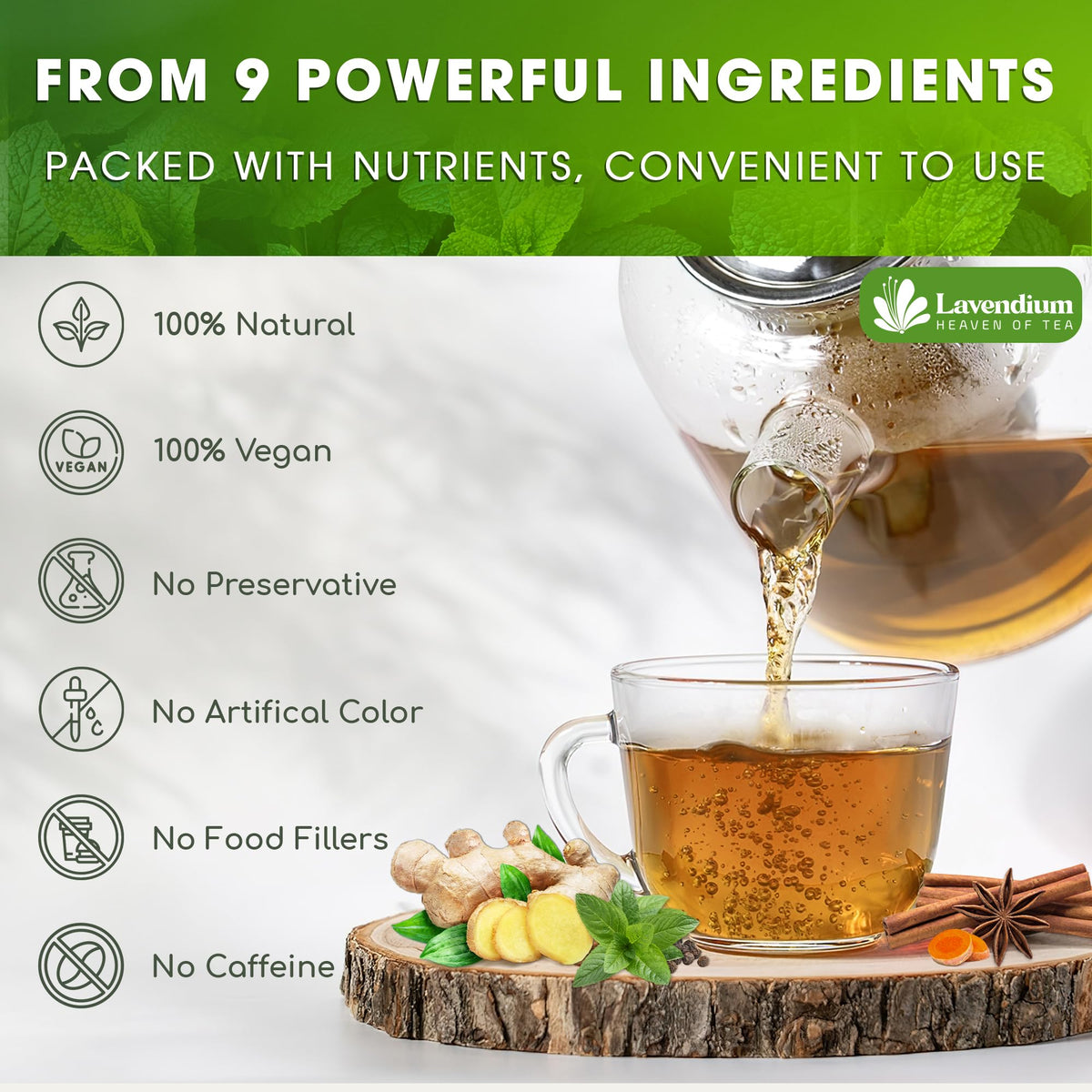 Lavendium Siimming Detox Tea packaging highlights sustainable farming and fresh ingredients