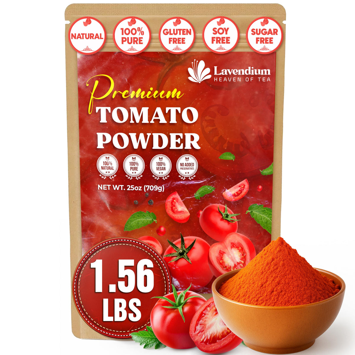Lavendium tomato powder jar front showing premium packaging and vibrant color for rich sauces.