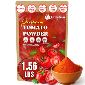 Lavendium tomato powder jar front showing premium packaging and vibrant color for rich sauces.