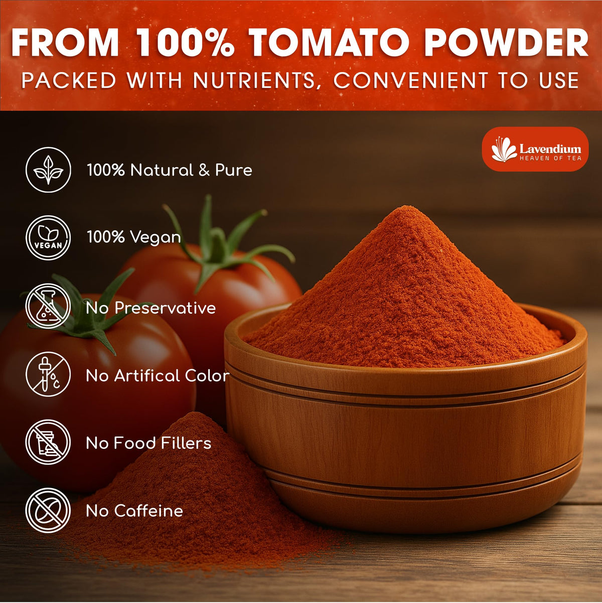 Lavendium tomato powder reseal pouch demonstrating freshness retention for everyday cooking.