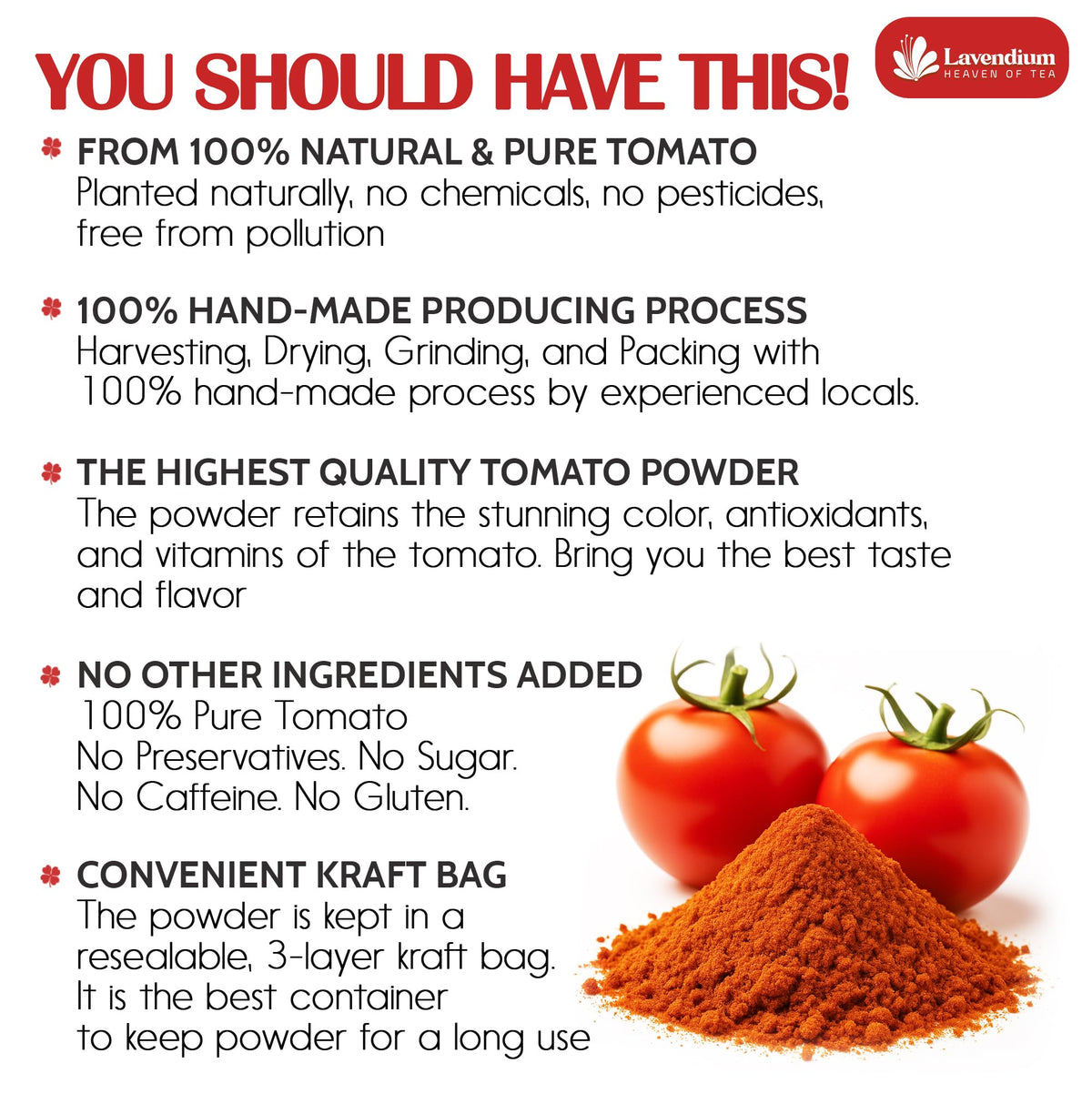 Lavendium tomato powder texture closeup highlighting fine, versatile powder ideal for seasoning.